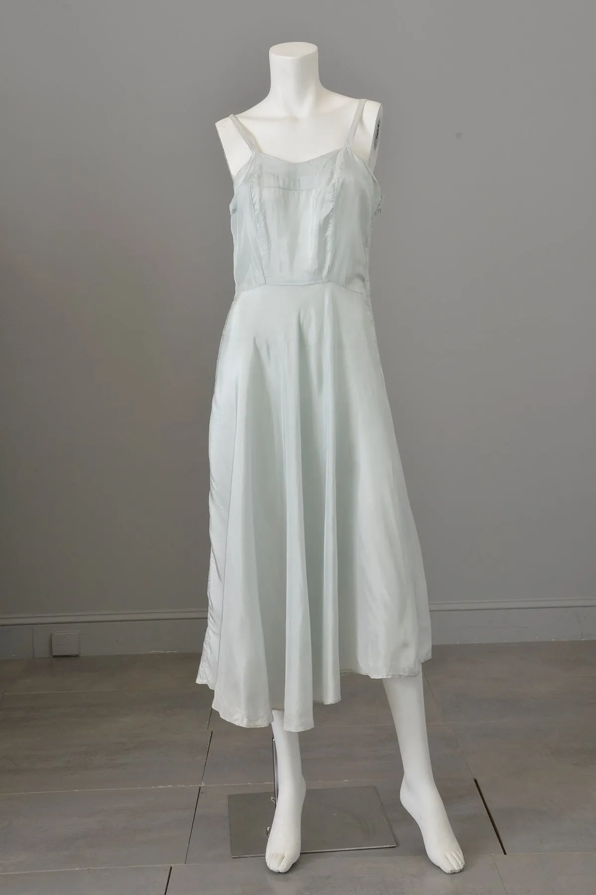 1940s Pale Blue Medallion   Bow Print Puff Sleeve Semi-Sheer Dress and Slip