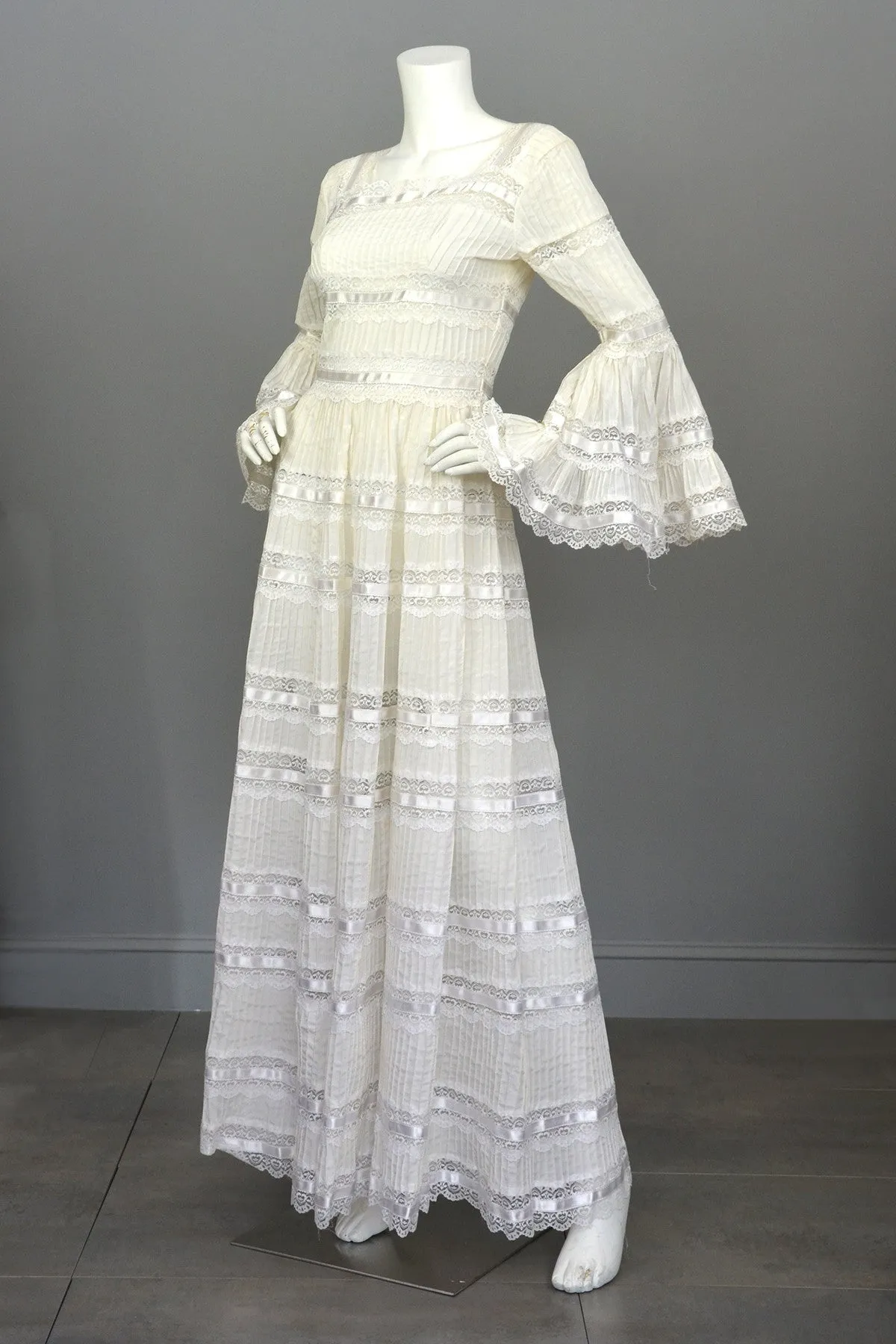 1970s Vintage Mexican Wedding Dress with Bell Sleeves and Lace
