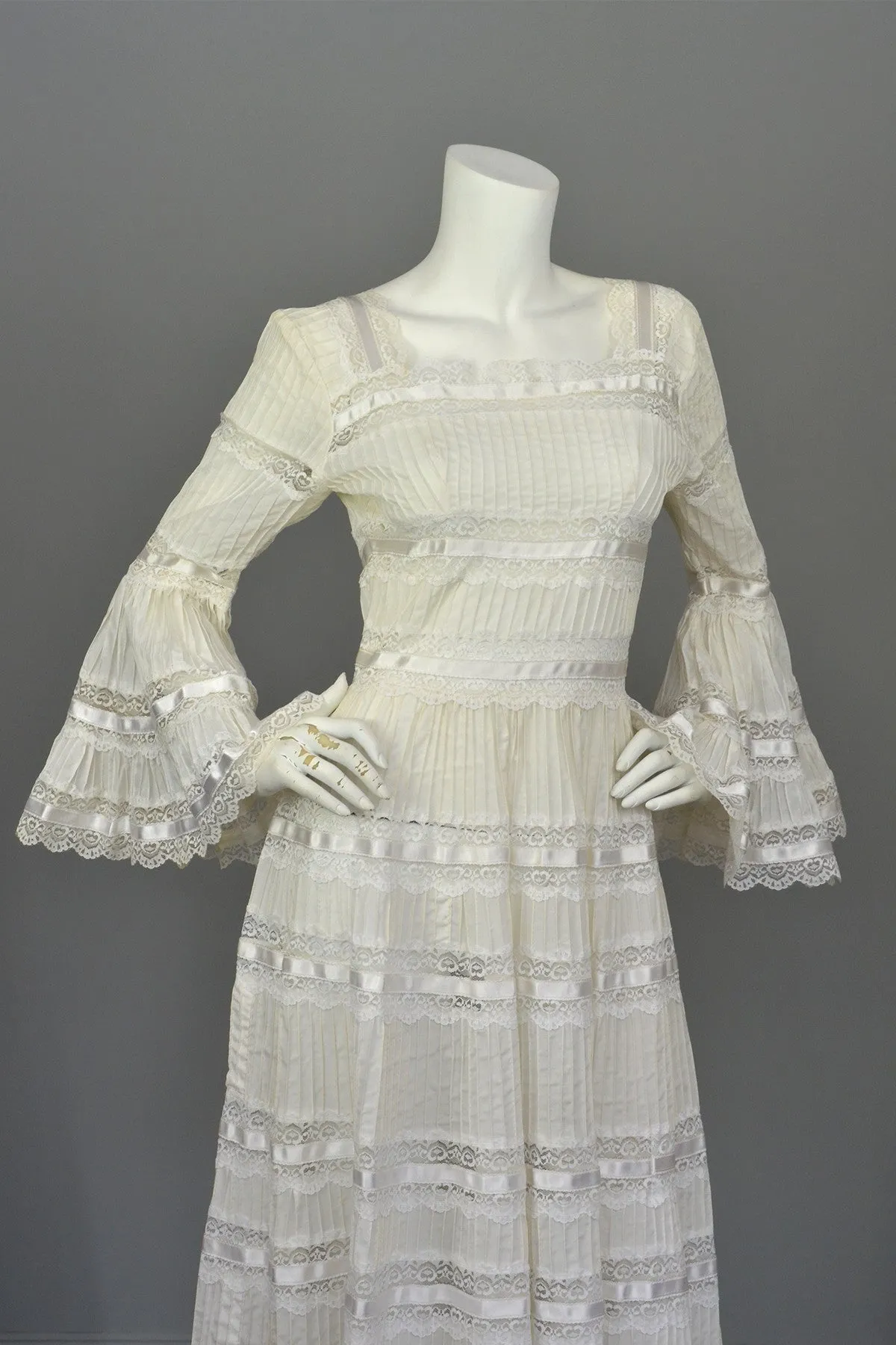 1970s Vintage Mexican Wedding Dress with Bell Sleeves and Lace