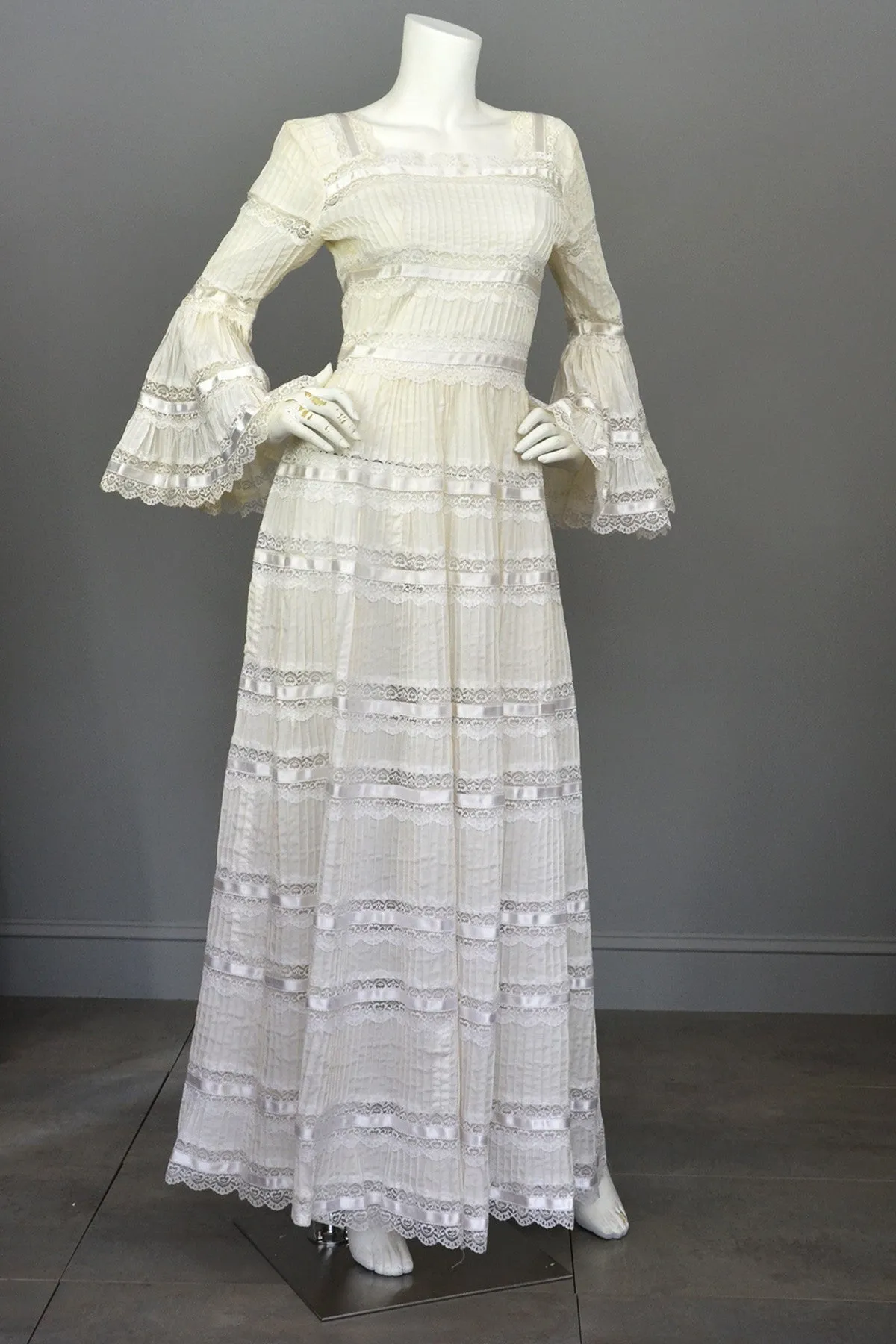 1970s Vintage Mexican Wedding Dress with Bell Sleeves and Lace