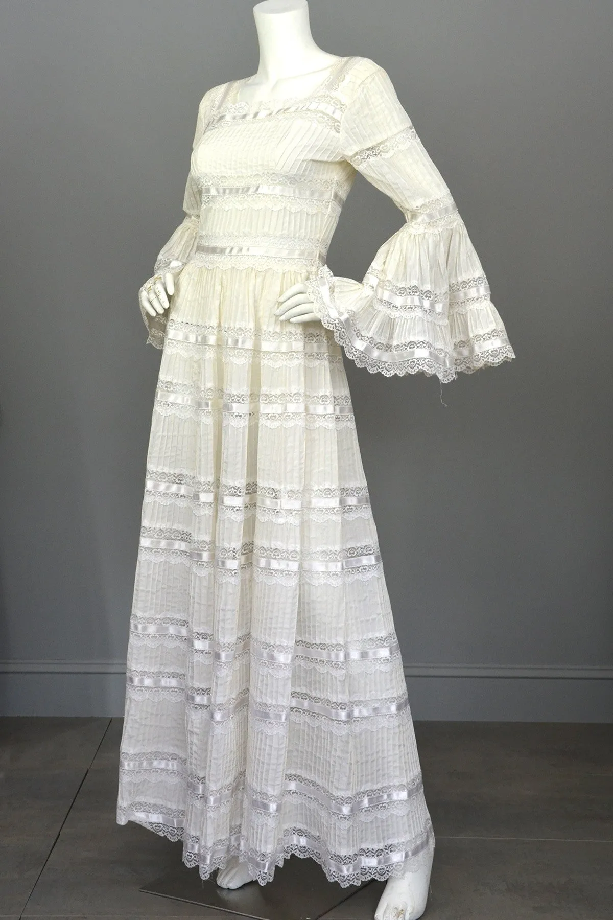 1970s Vintage Mexican Wedding Dress with Bell Sleeves and Lace