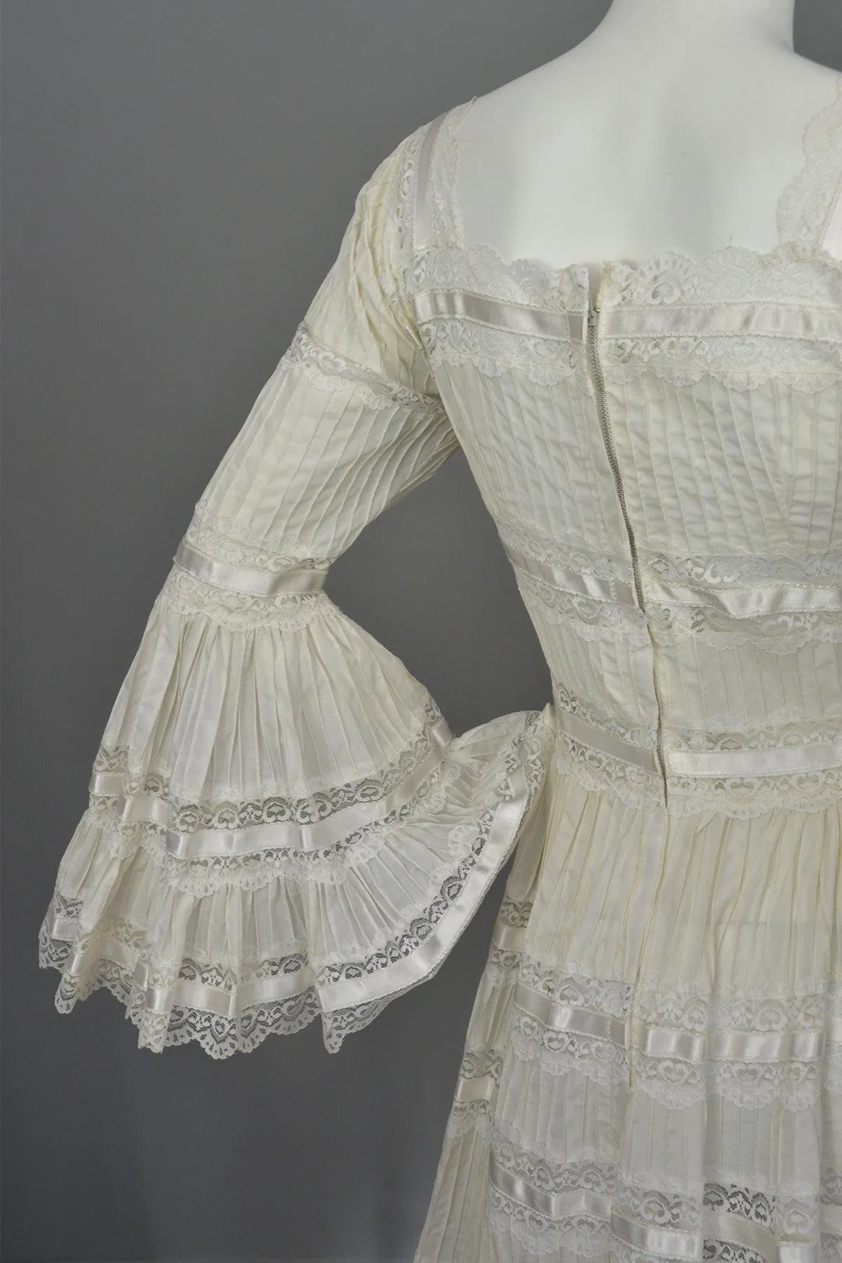 1970s Vintage Mexican Wedding Dress with Bell Sleeves and Lace