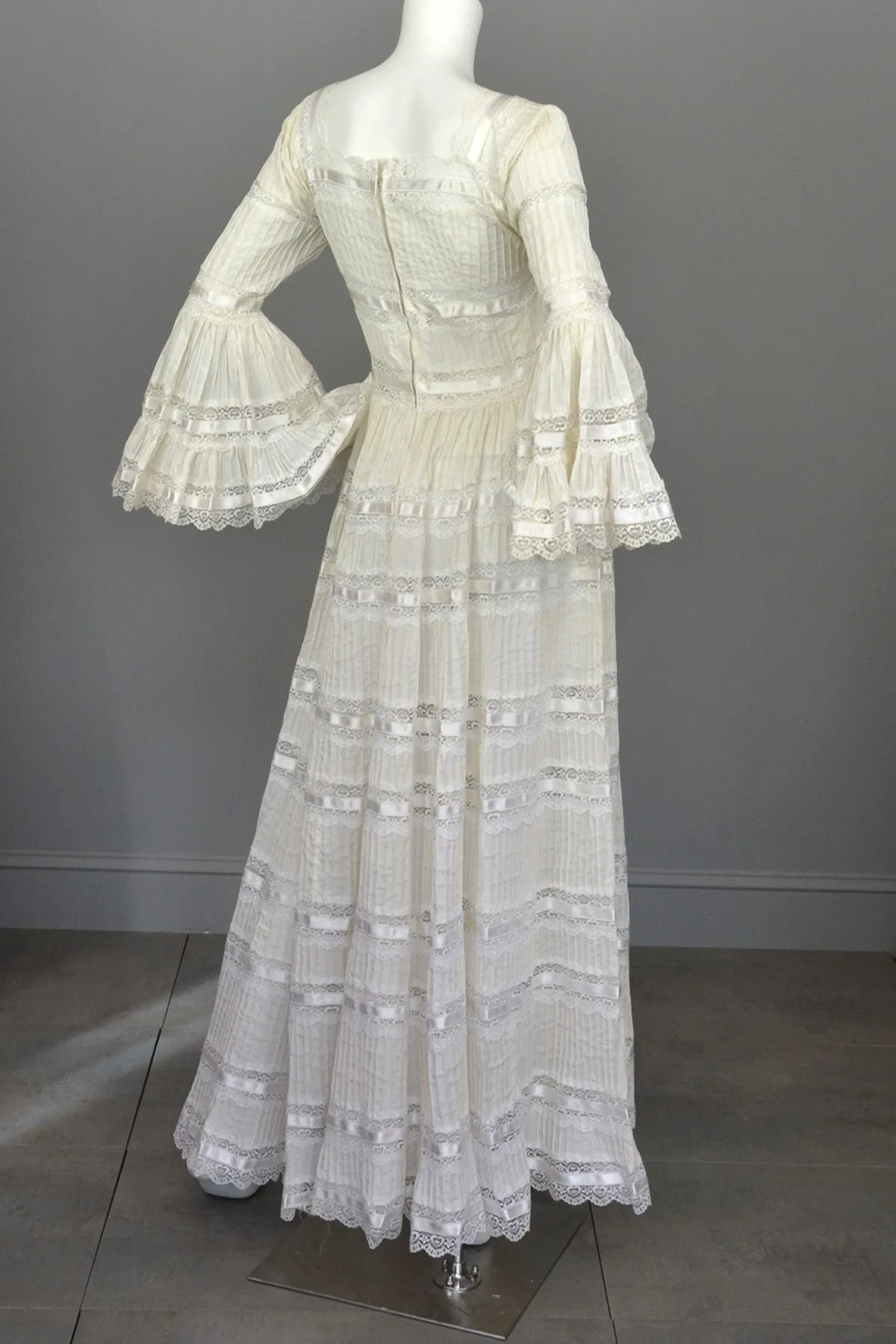 1970s Vintage Mexican Wedding Dress with Bell Sleeves and Lace