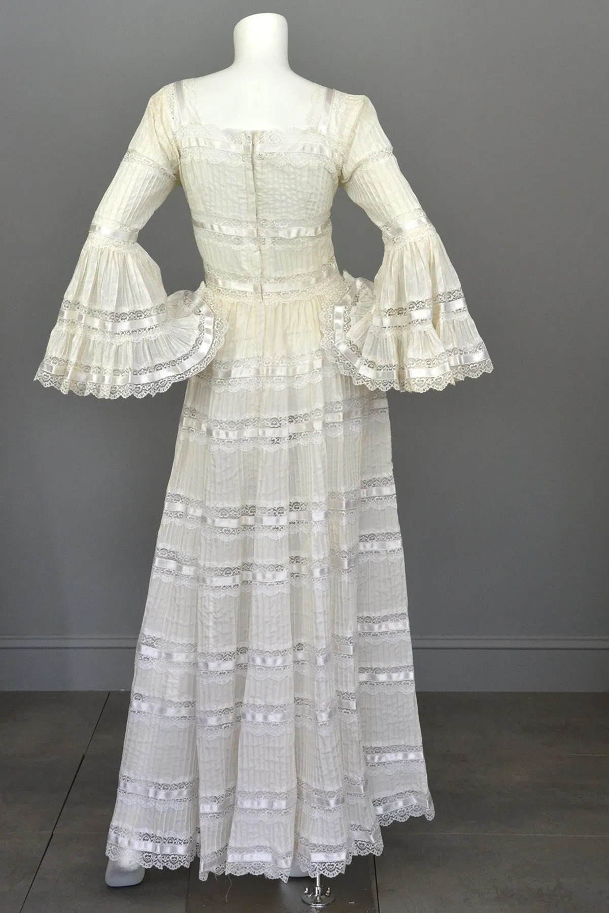 1970s Vintage Mexican Wedding Dress with Bell Sleeves and Lace