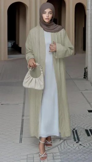 Beige Lounia maxi throw over abaya in light linen fabric with a detachable belt