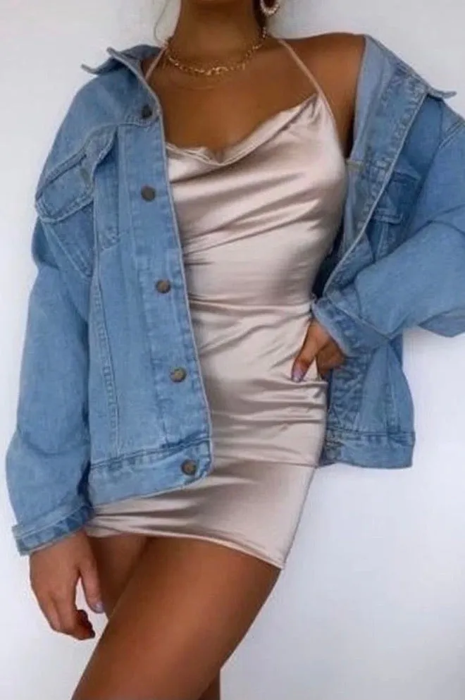 Champagne Cowl neck Satin Dress
