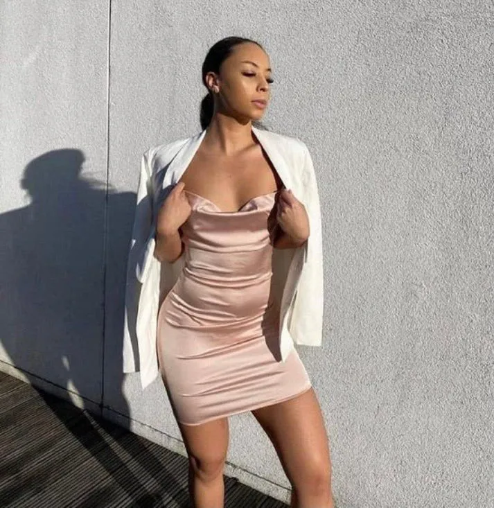 Champagne Cowl neck Satin Dress