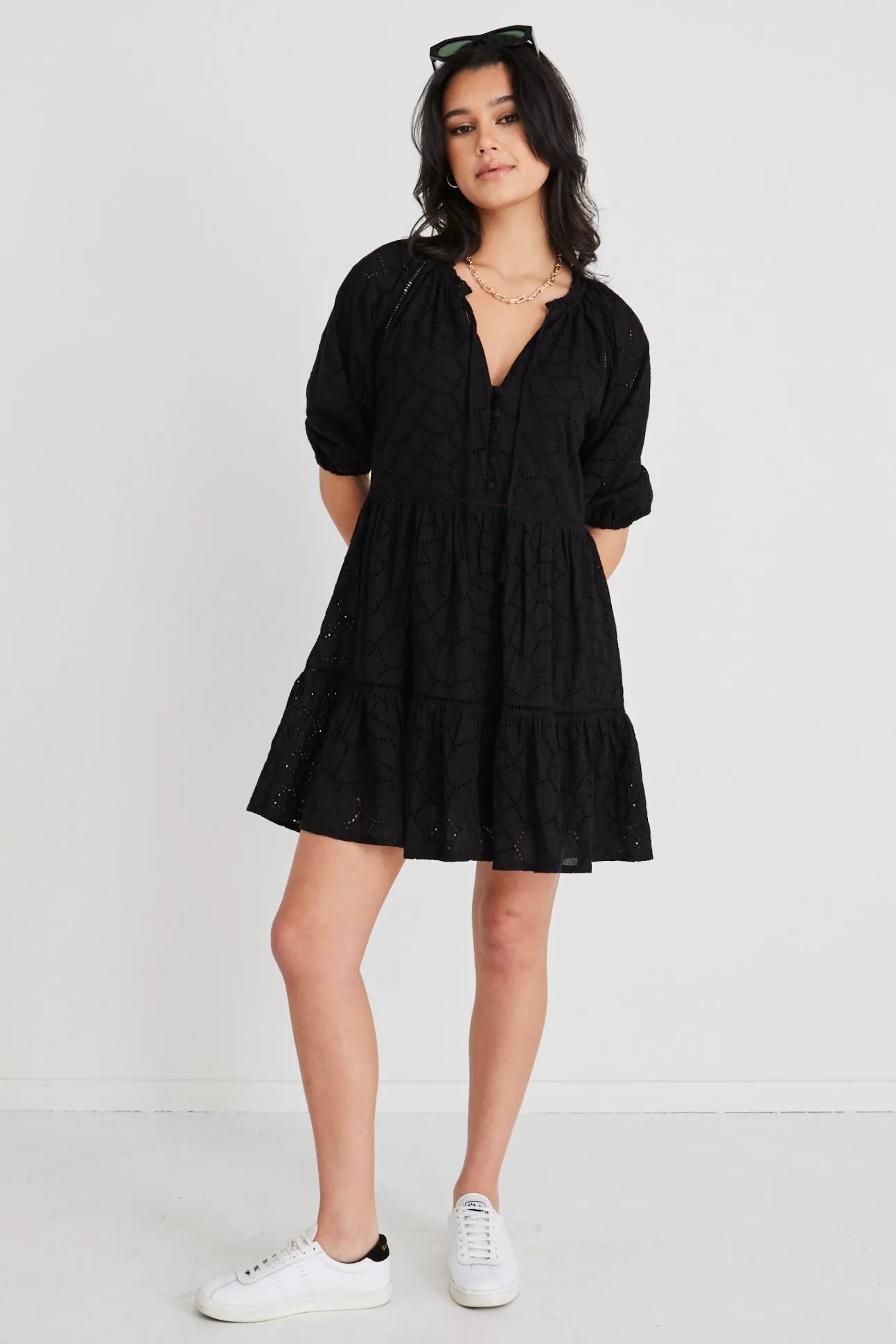 Gemini Black Broiderie Balloon Sleeve Tiered Mini Dress