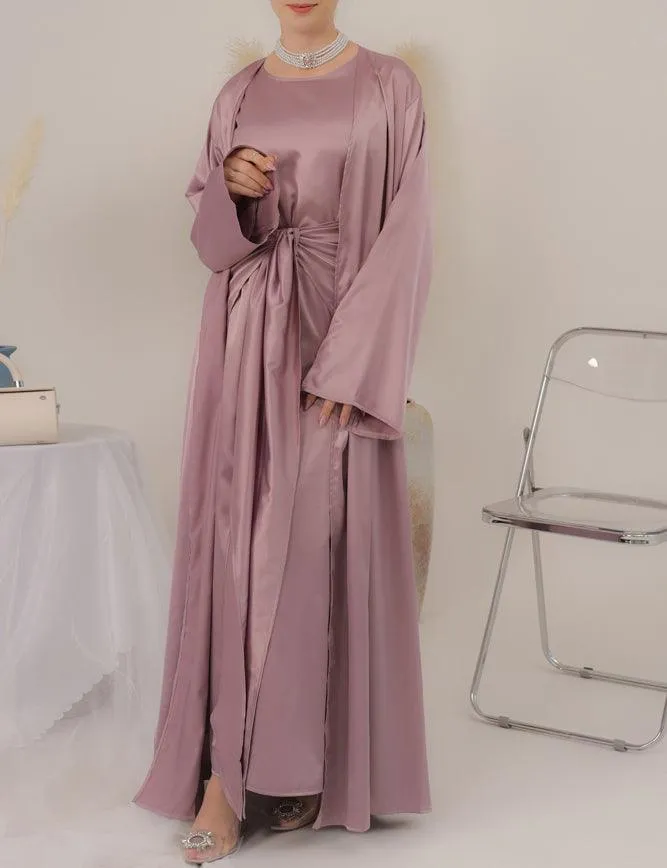 Lunamia three piece abaya with slip dress apron piece and throw over in satin fabric