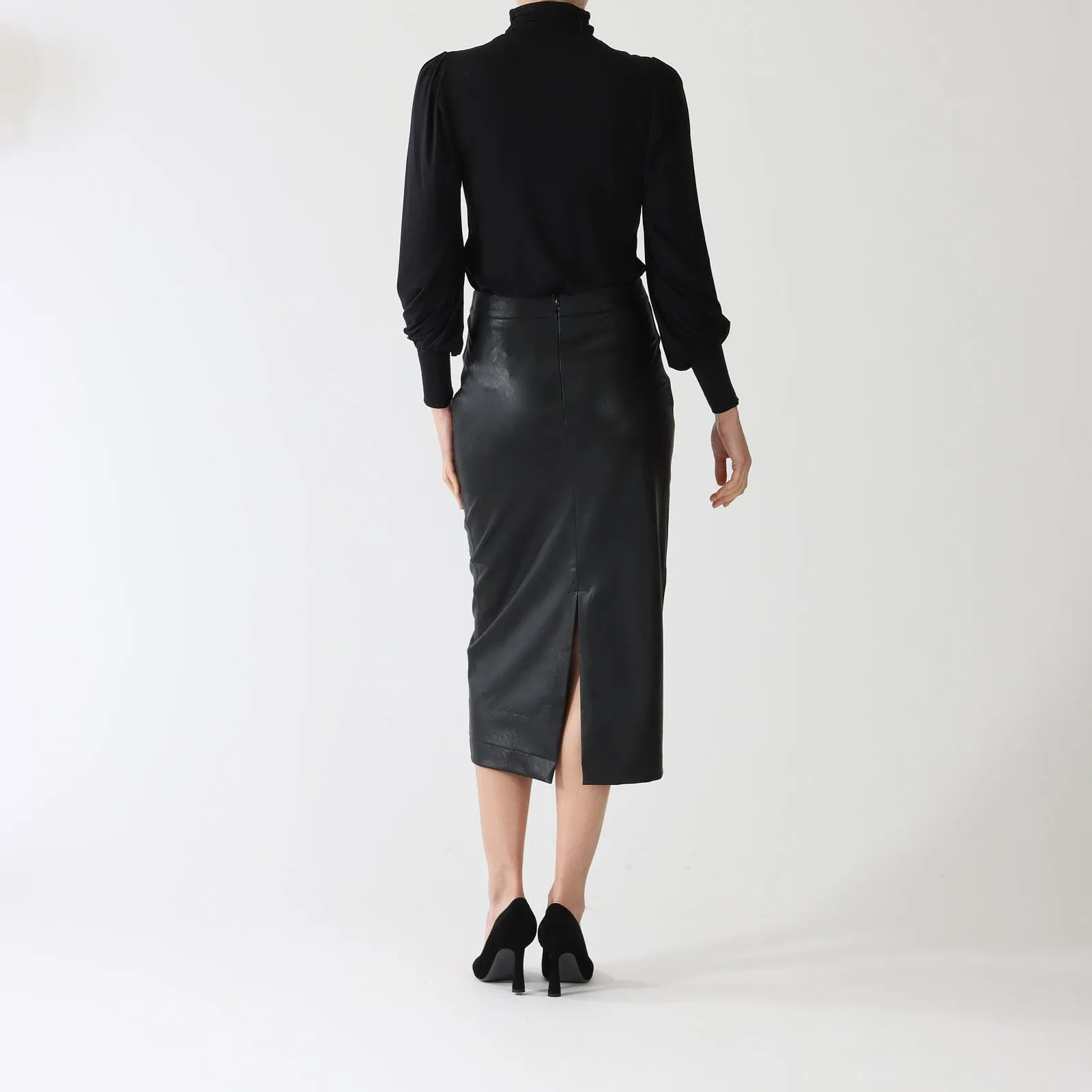 Nero Faux Leather Pencil Midi Skirt