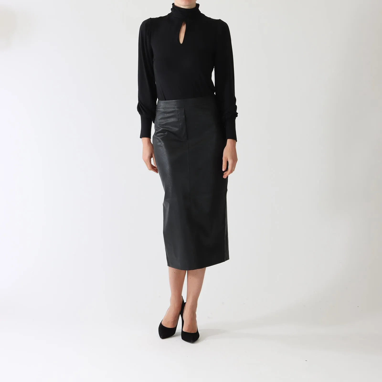 Nero Faux Leather Pencil Midi Skirt
