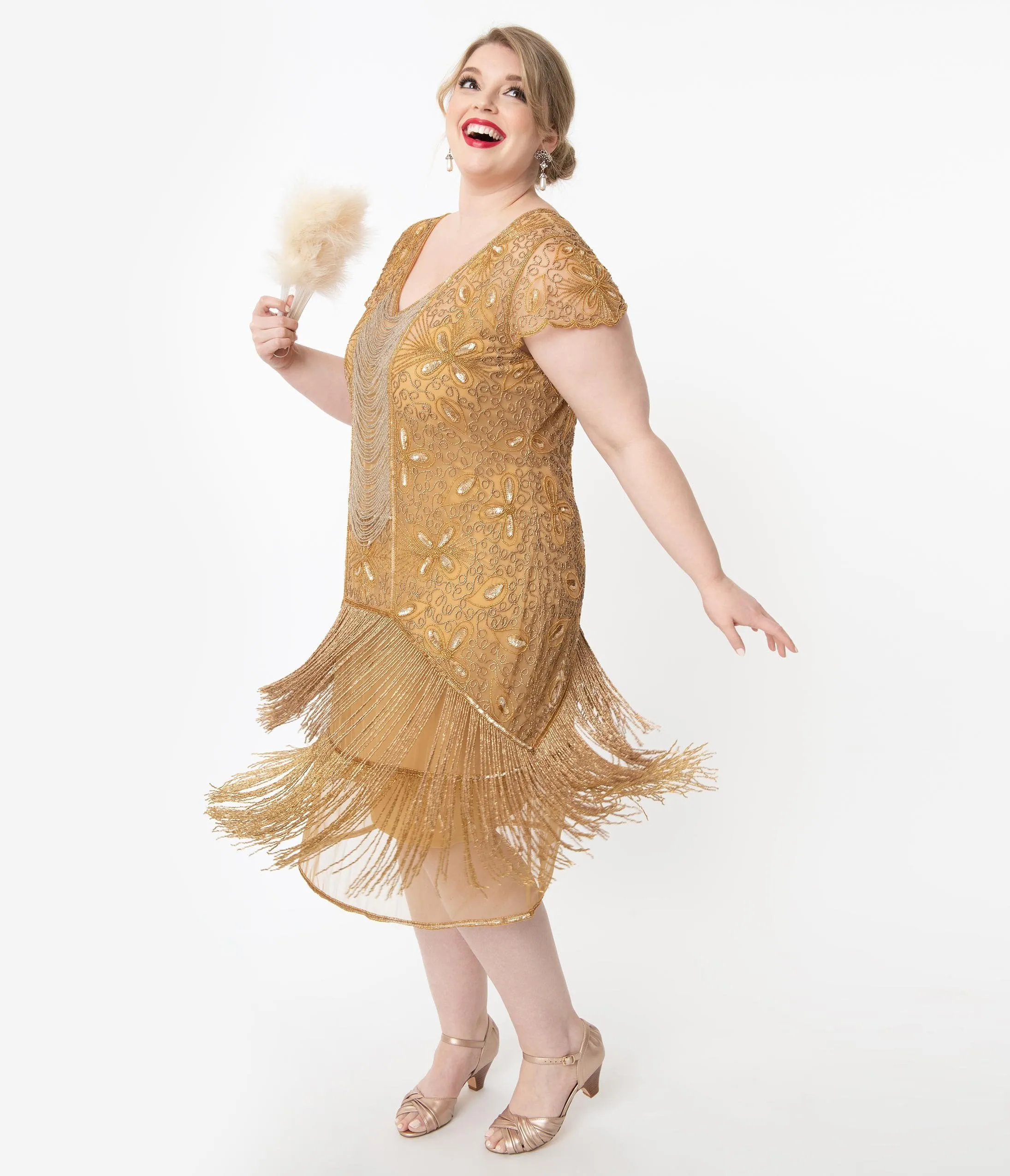 Plus Size 1920s Style Gold Beaded Edith Flapper Dress