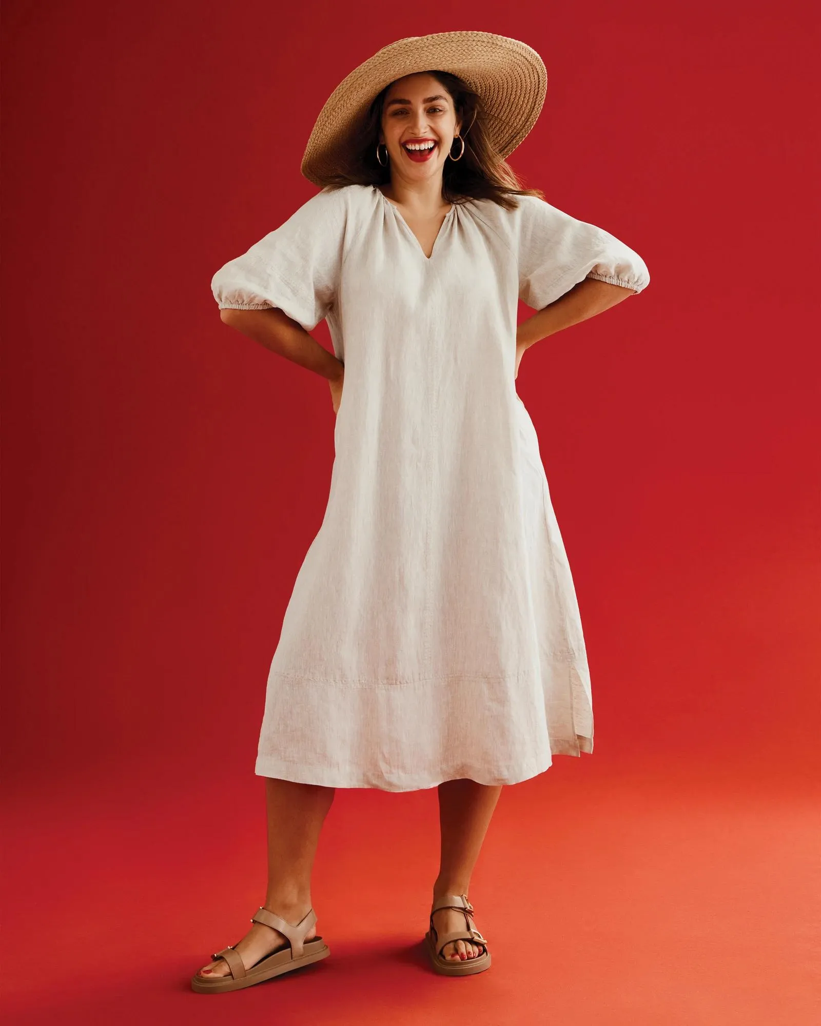 popular  European Linen Raglan Midi Dress