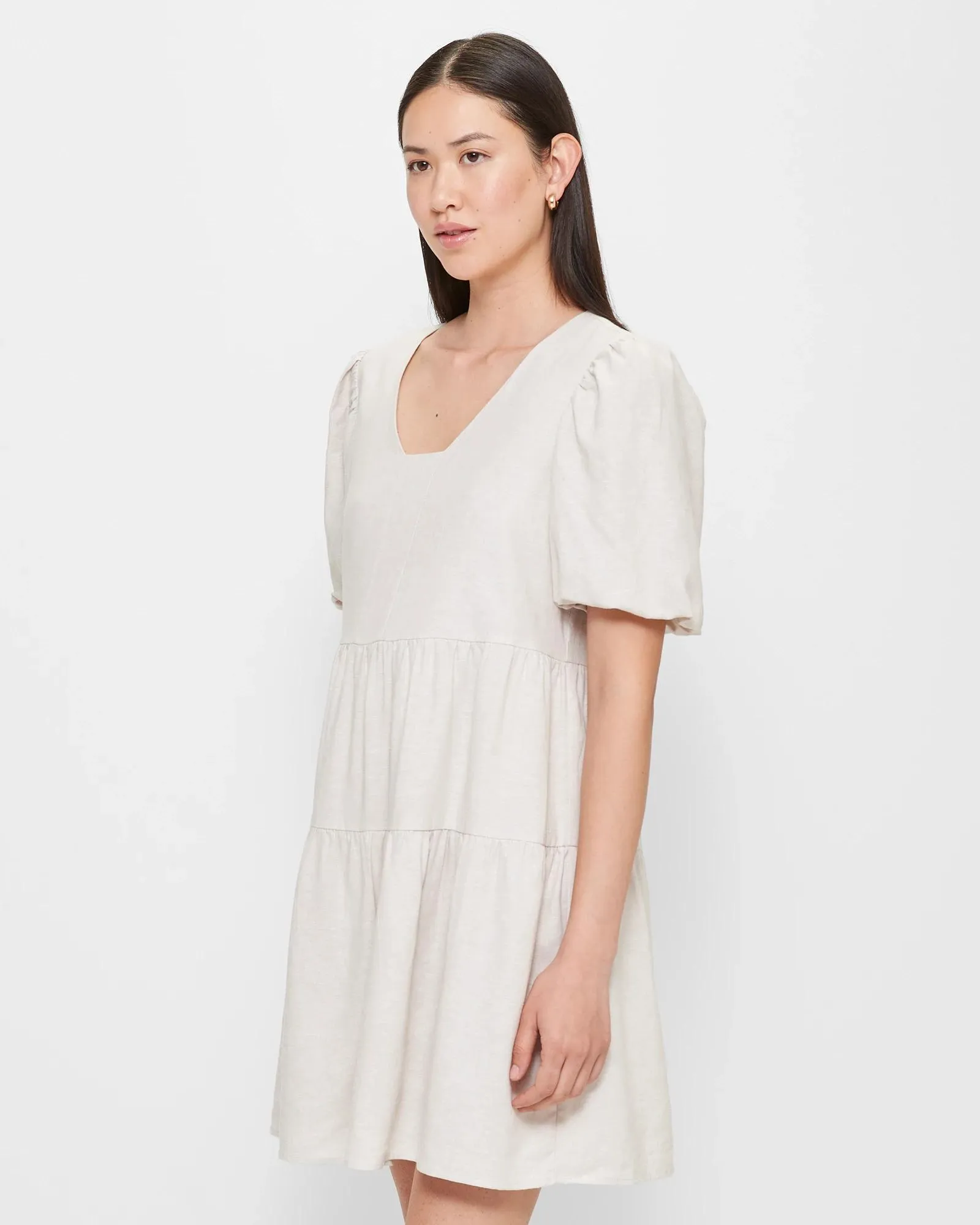 popular  Linen Blend Blouson Sleeve Mini Dress - Preview - Flax Cross Dye 