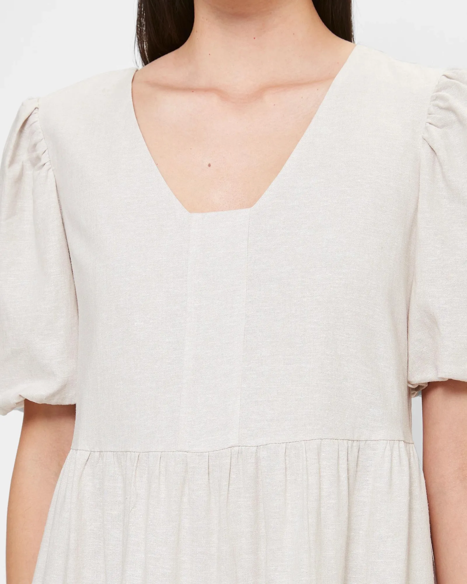 popular  Linen Blend Blouson Sleeve Mini Dress - Preview - Flax Cross Dye 