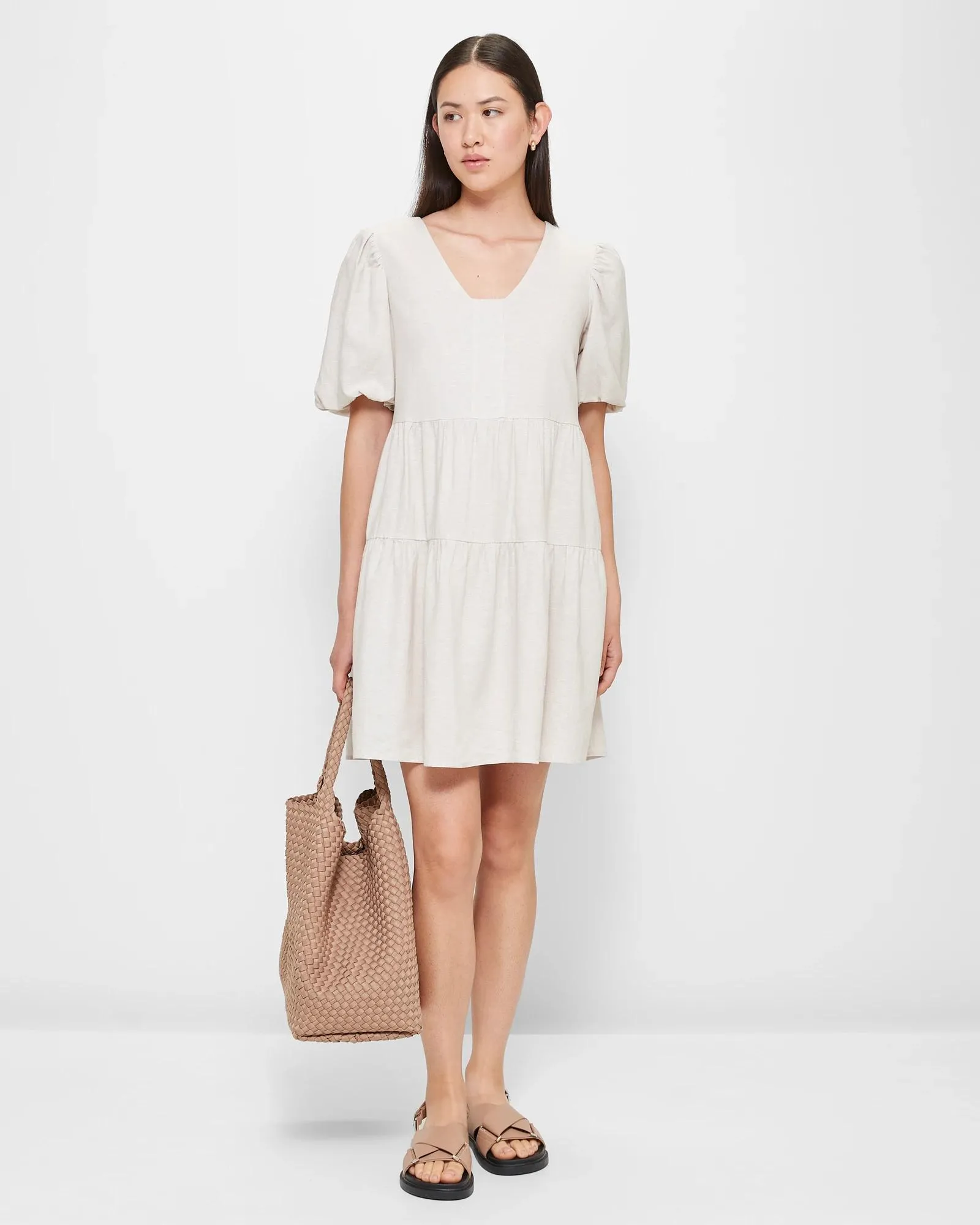 popular  Linen Blend Blouson Sleeve Mini Dress - Preview - Flax Cross Dye 