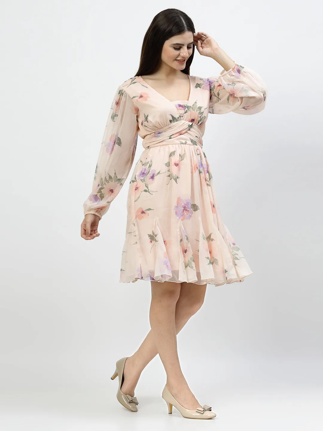 Printed Short Dress With Front Straps For Women