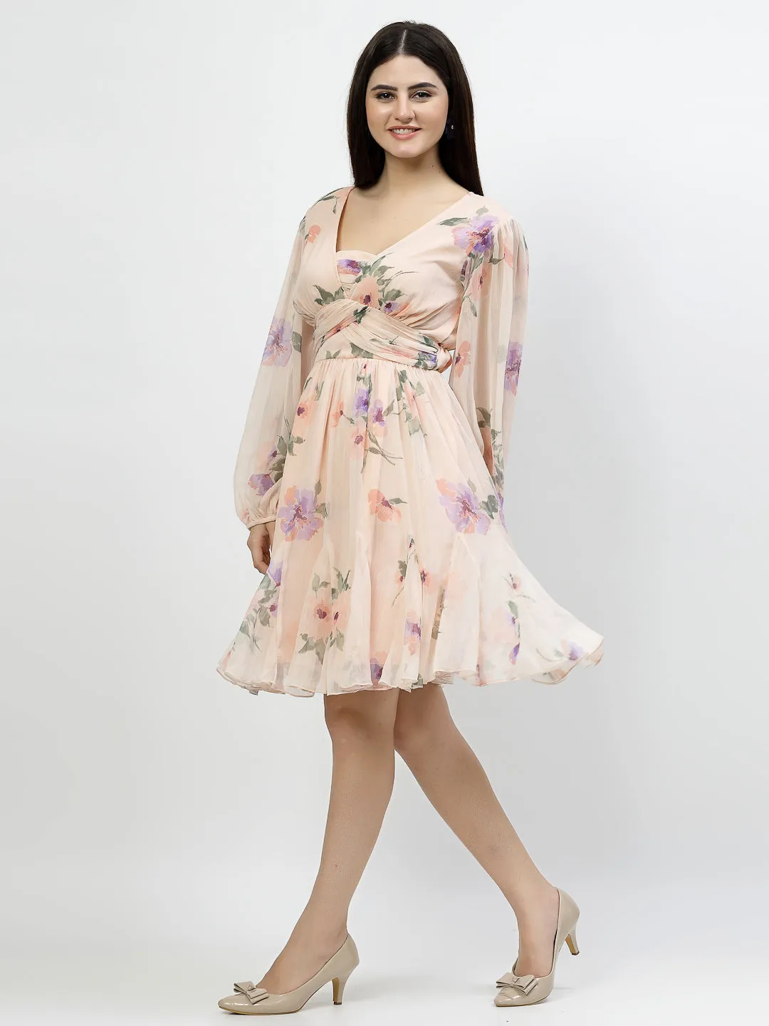 Printed Short Dress With Front Straps For Women