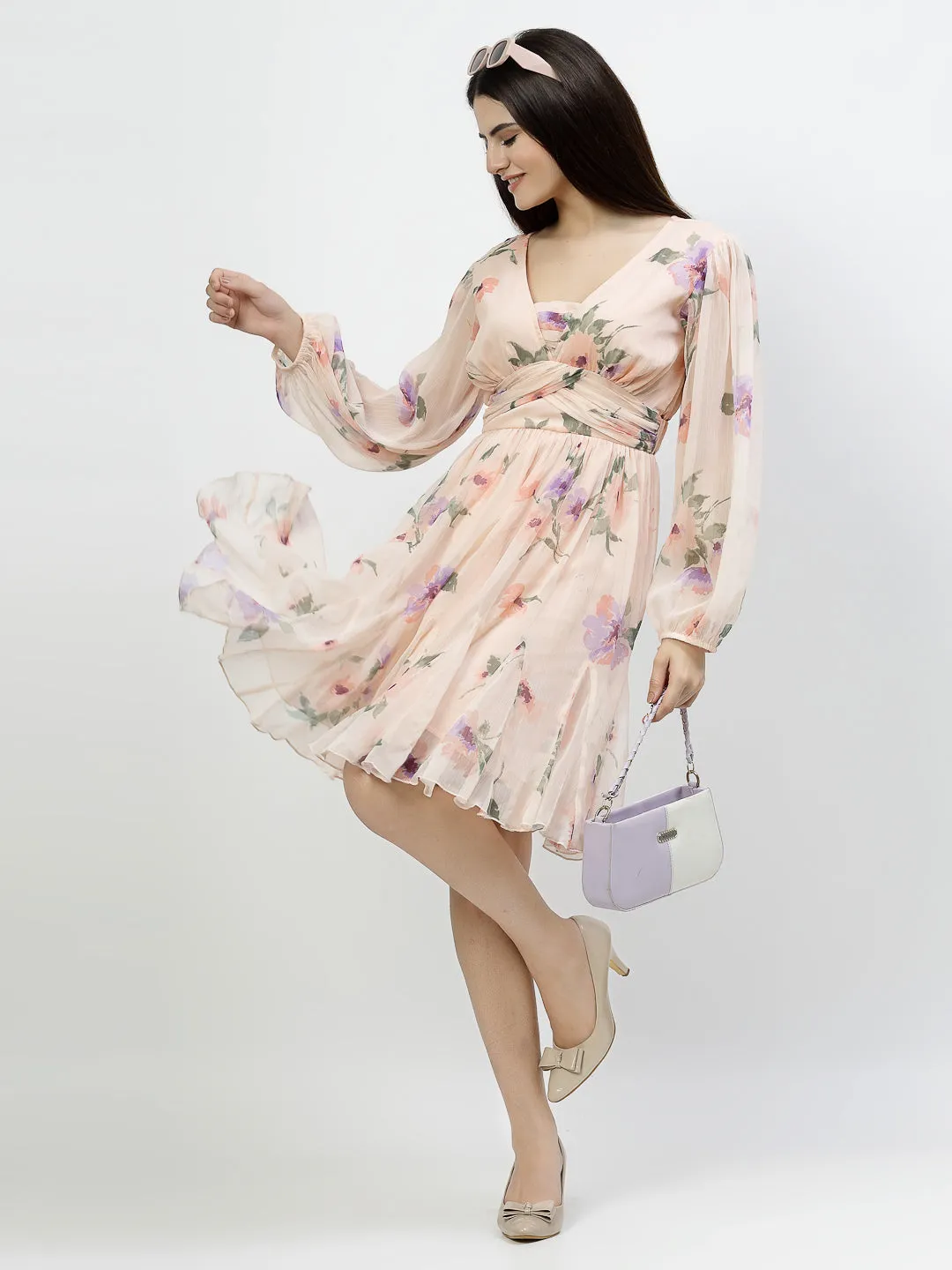Printed Short Dress With Front Straps For Women